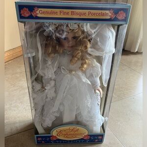 Genuine Fine Bisque Porcelain Doll in White Dress
